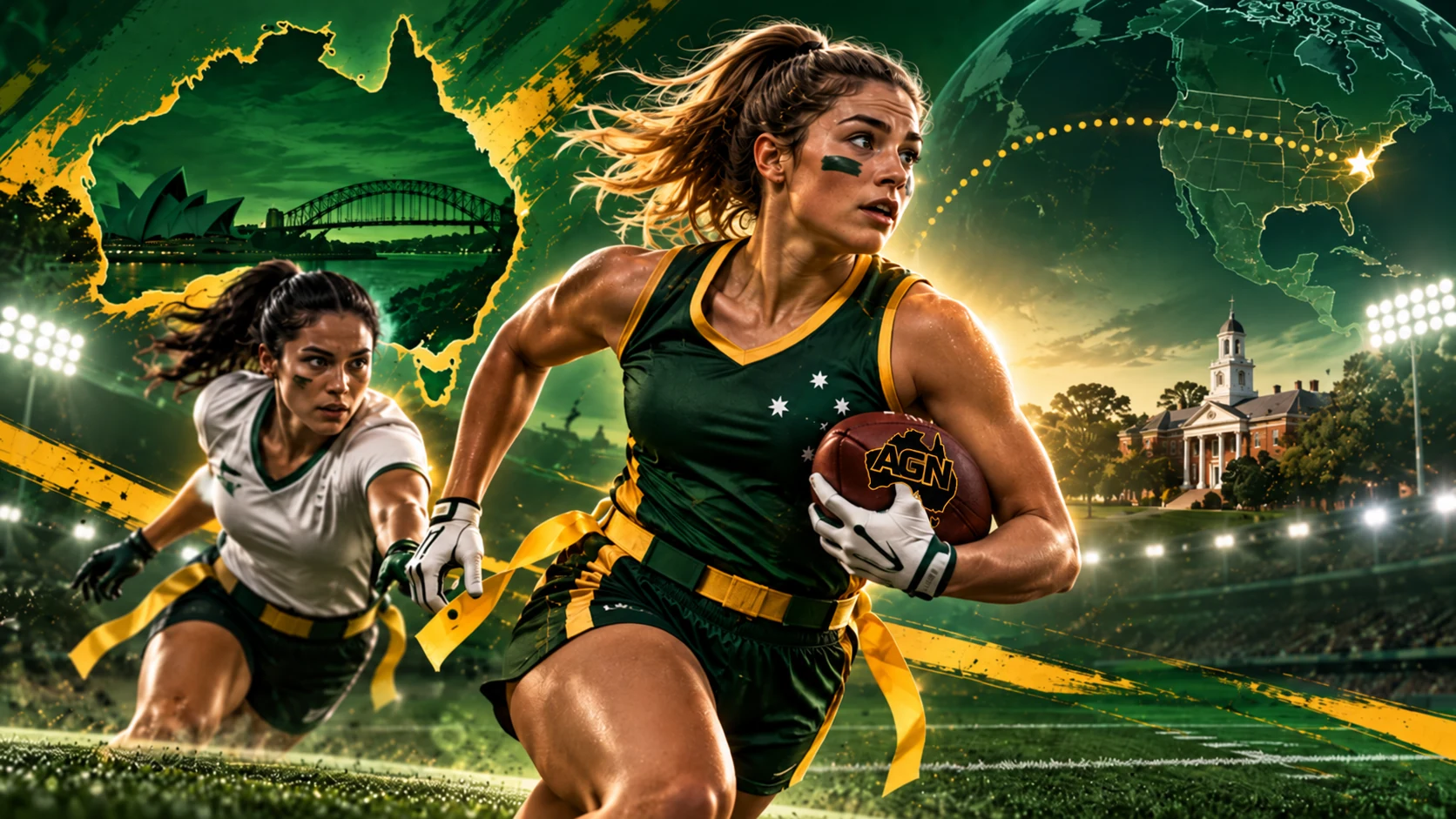 Women playing flag football in an Australia-to-US pathway illustration